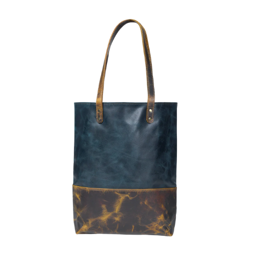 Two-Tone Blue & Brown Leather Tote Bag