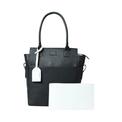 Black Leather Tote Bag with White Pouch