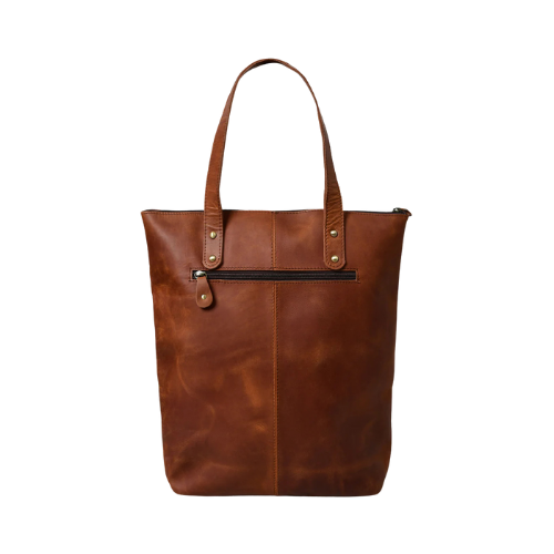 Slim Brown Leather Tote Bag with Front Zip