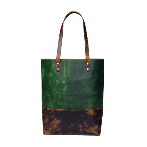 Two-Tone Green & Brown Leather Tote Bag