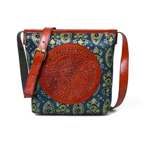 Rust-Trimmed Patterned Leather Tote Bag