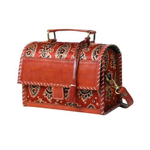 Rust Red Patterned Leather Top-Handle Bag