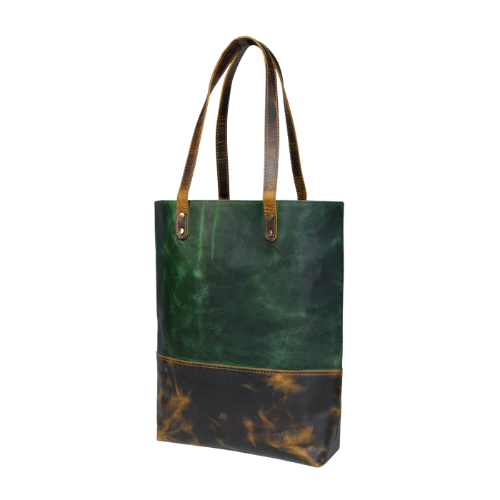 Two-Tone Green & Brown Leather Tote Bag