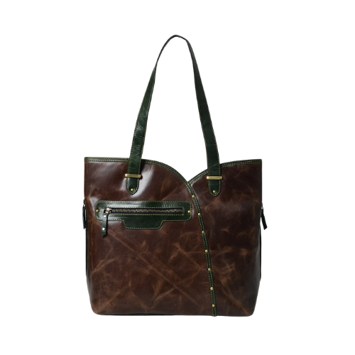Classic Brown & Green Leather Tote Bag