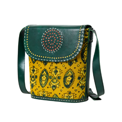 Green & Mustard Patterned Leather Crossbody Bag