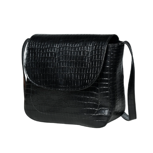 Black Croc-Texture Leather Shoulder Bag