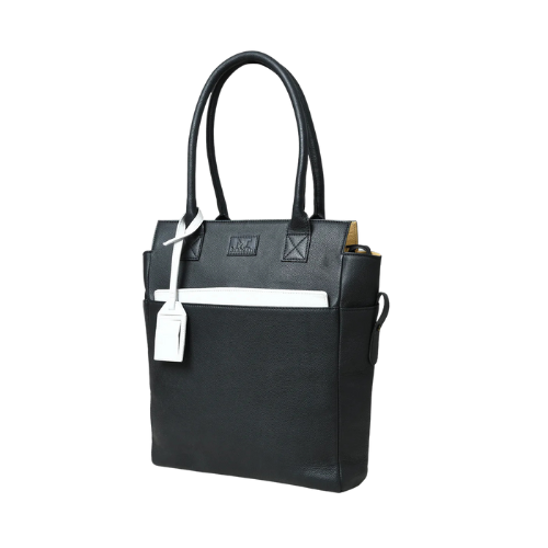 Black Leather Tote Bag with White Pouch