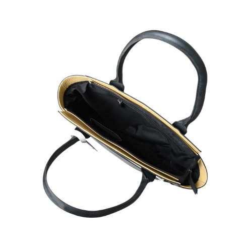 Black Leather Tote Bag with White Pouch